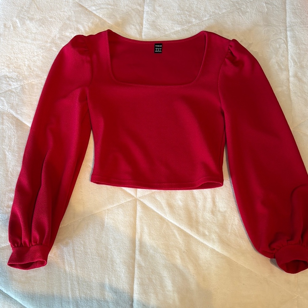 SHEIN Red Puff Sleeve Crop Blouse
